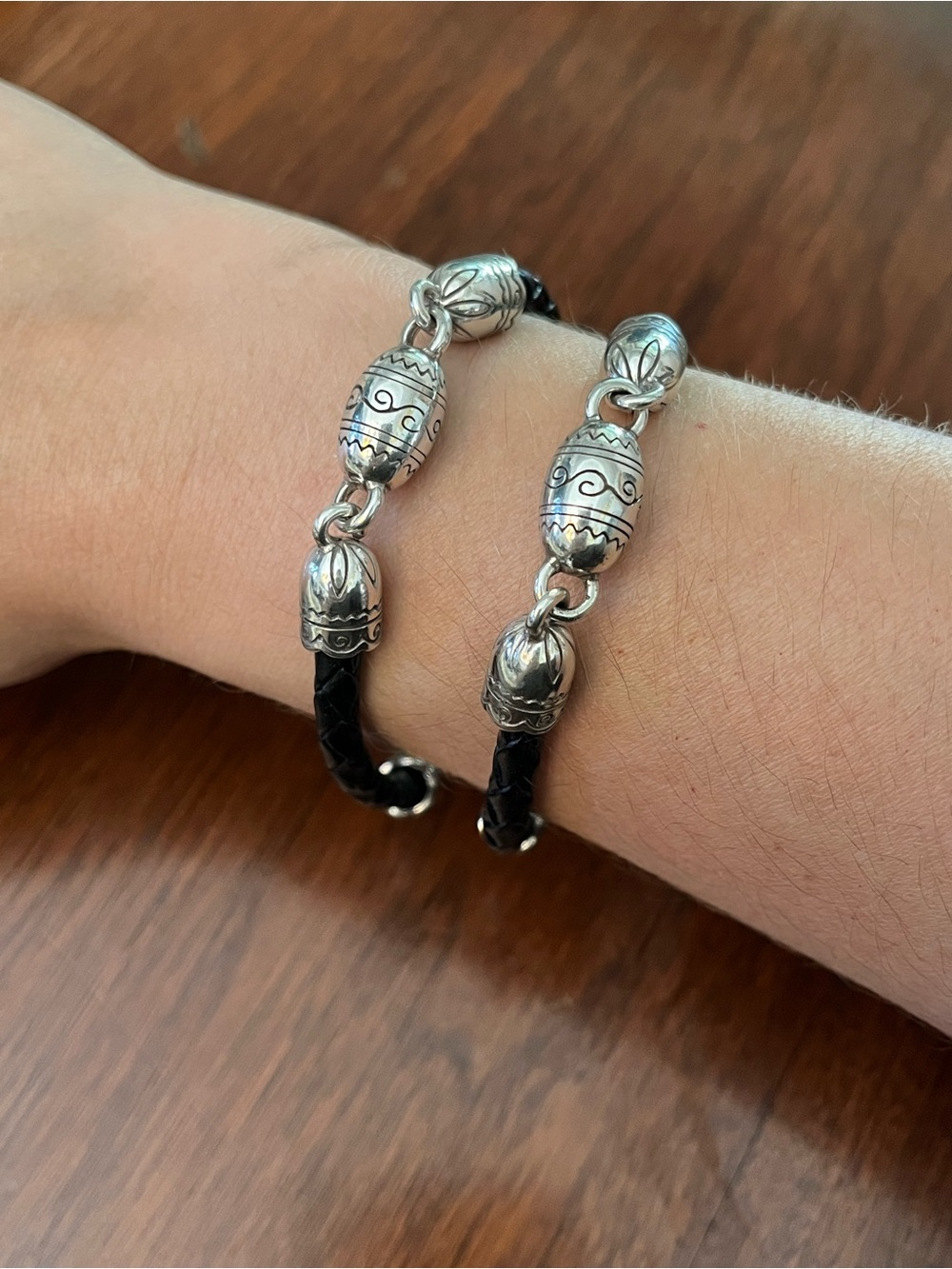 Vintage Brighton Black Braided Leather Bracelet with Silver Beads - Set of 2